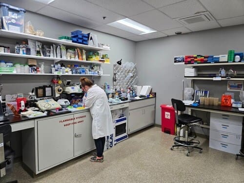 Scientist in white lab coat performs an experiment in a lab environment